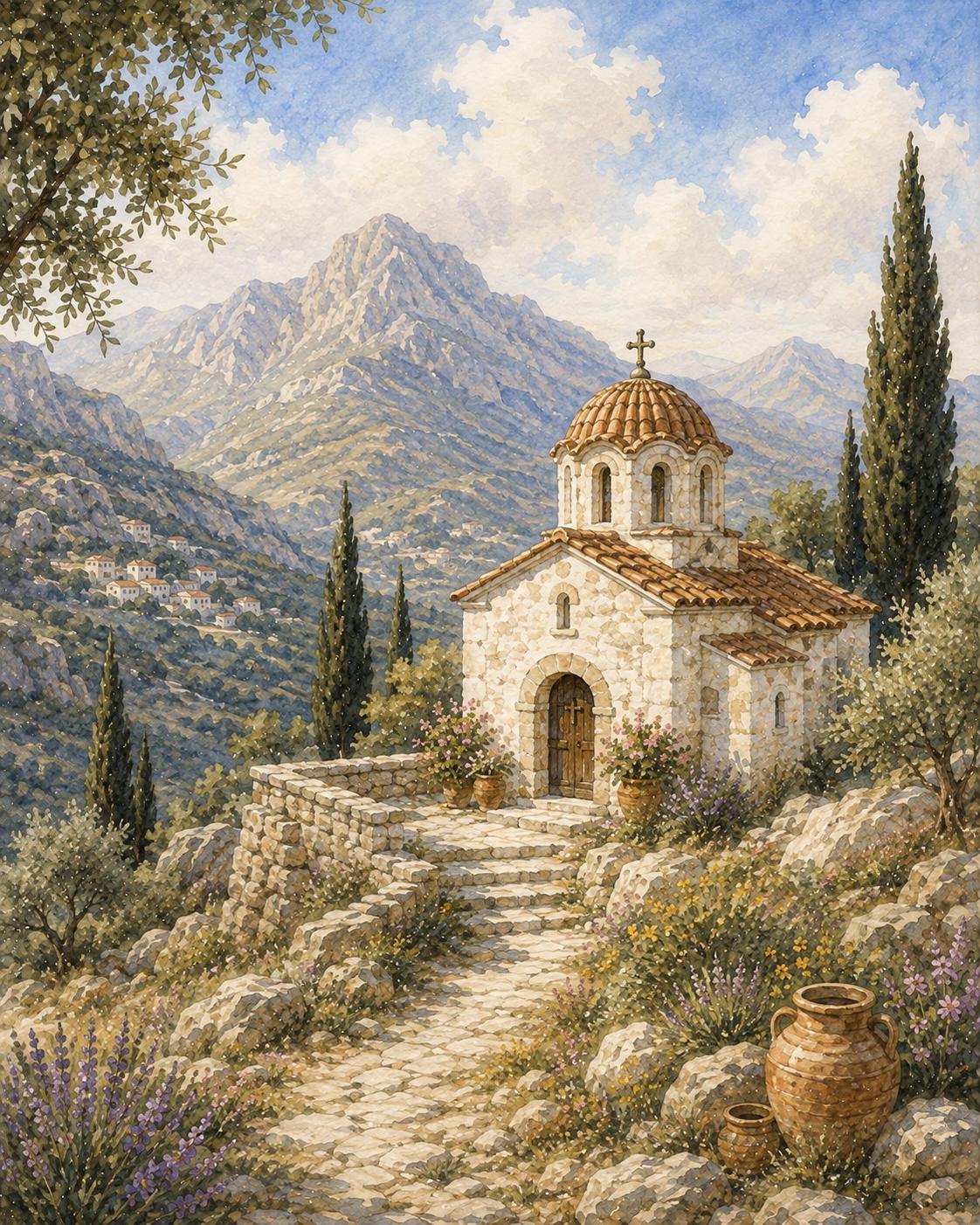 Little Church by Mountainside Watercolor Print